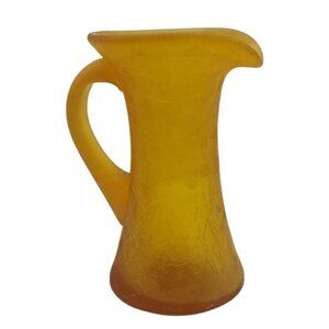Vintage MCM Hand Blown Crackle Glass Frosted Yellow Miniature Pitcher Vase